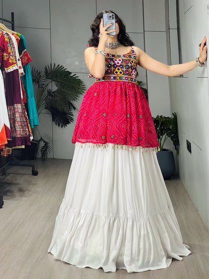 Red Pure Rayon Cotton Plain With Frilled Navratri Lehenga Choli