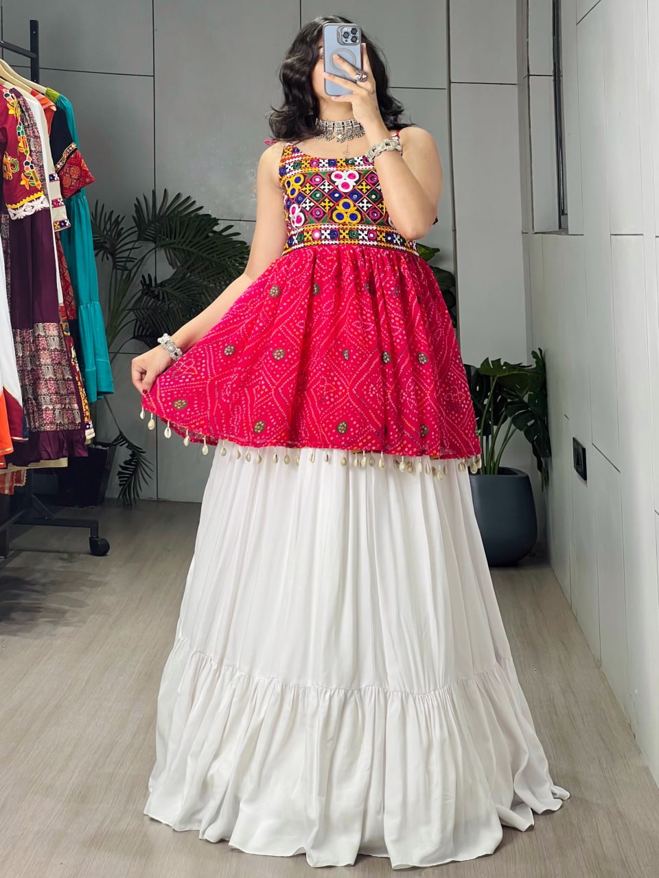 Red Pure Rayon Cotton Plain With Frilled Navratri Lehenga Choli