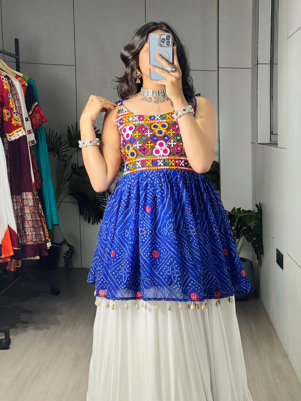 Blue Pure Rayon Cotton Plain With Frilled Navratri Lehenga Choli