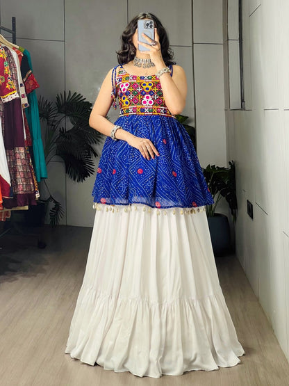 Blue Pure Rayon Cotton Plain With Frilled Navratri Lehenga Choli