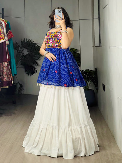 Blue Pure Rayon Cotton Plain With Frilled Navratri Lehenga Choli