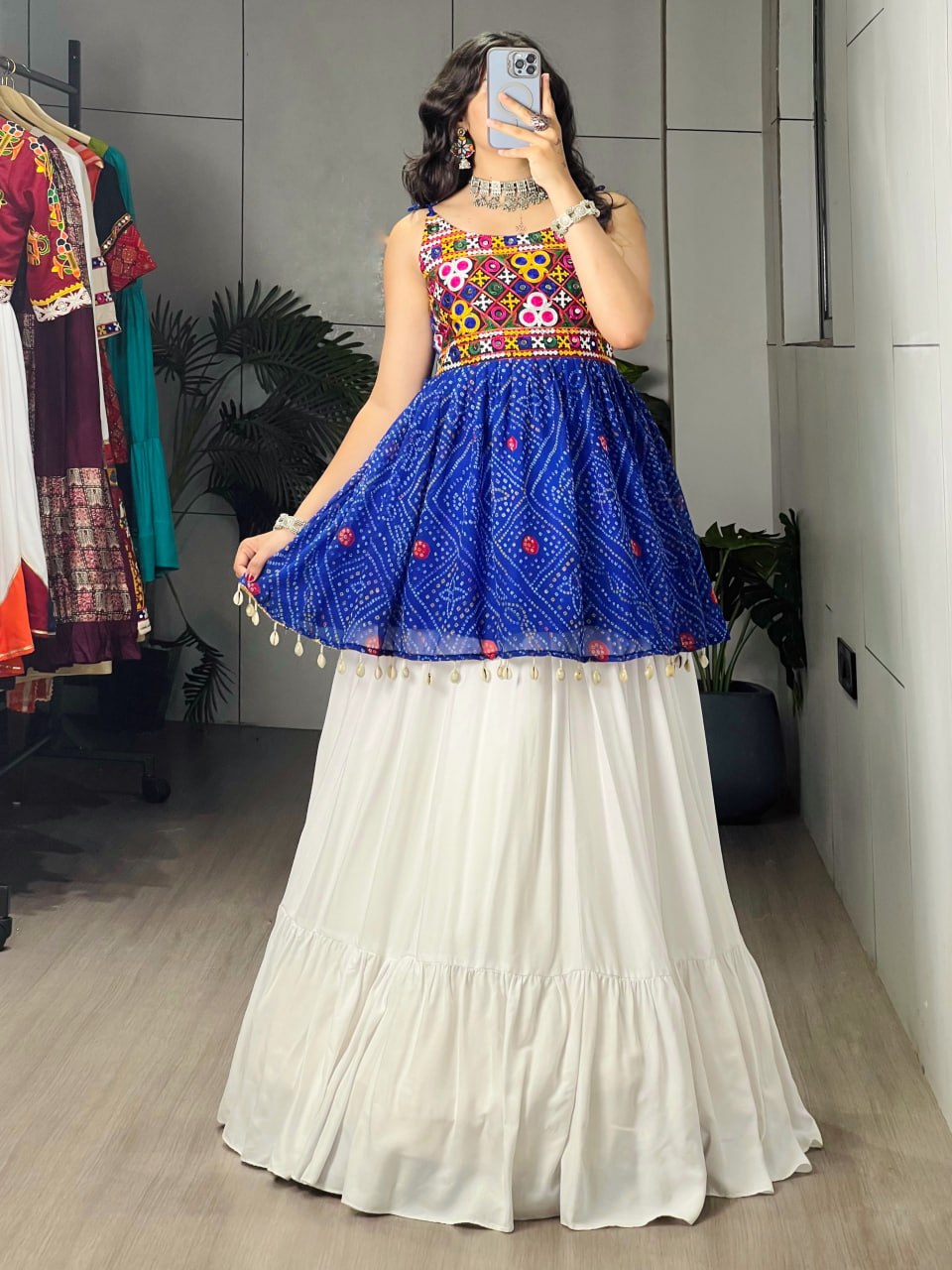 Blue Pure Rayon Cotton Plain With Frilled Navratri Lehenga Choli