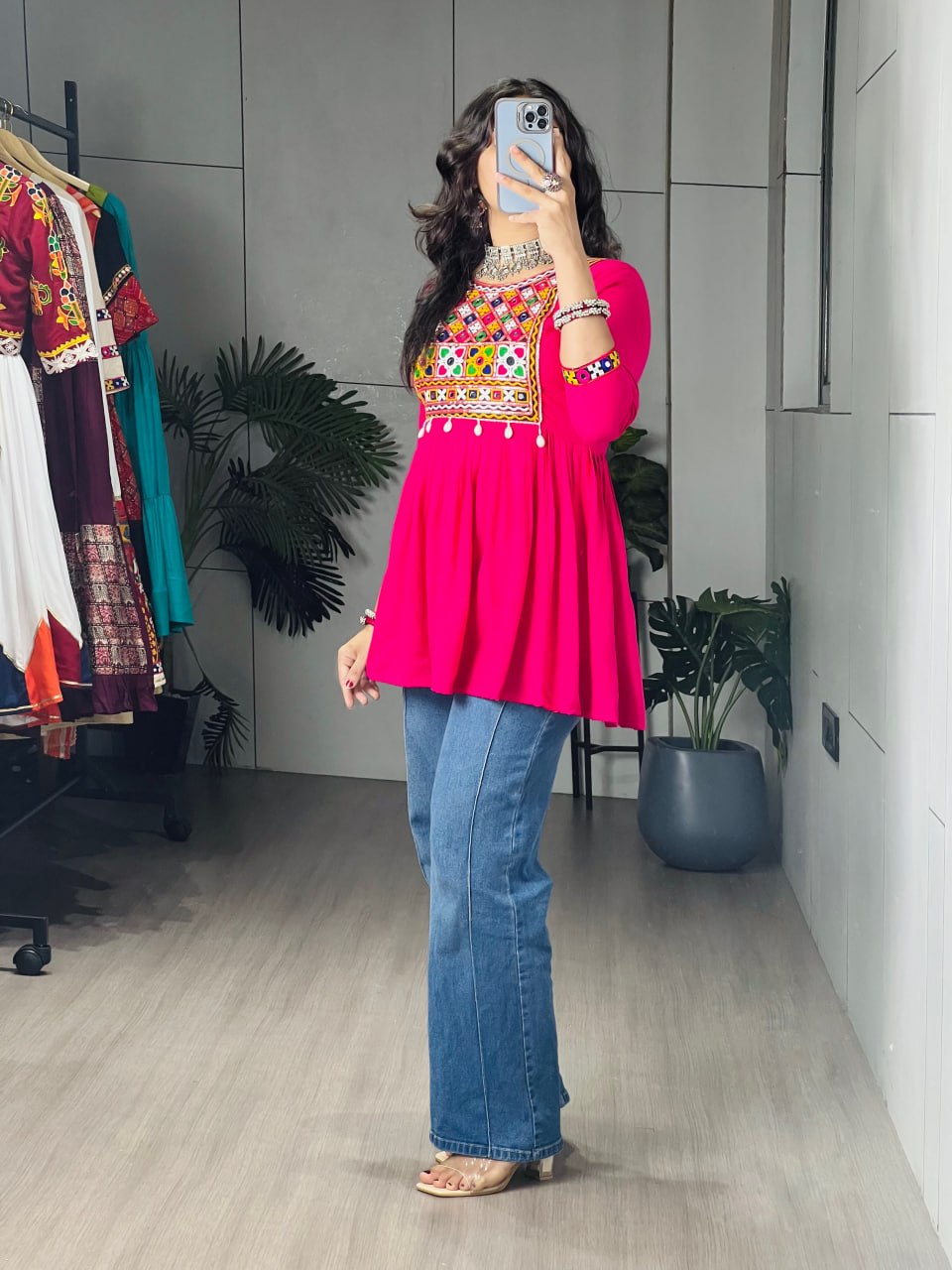 Rani Pure Rayon Cotton Gamthi Work &amp; Gota Pati Work Readymade Kurti With Top