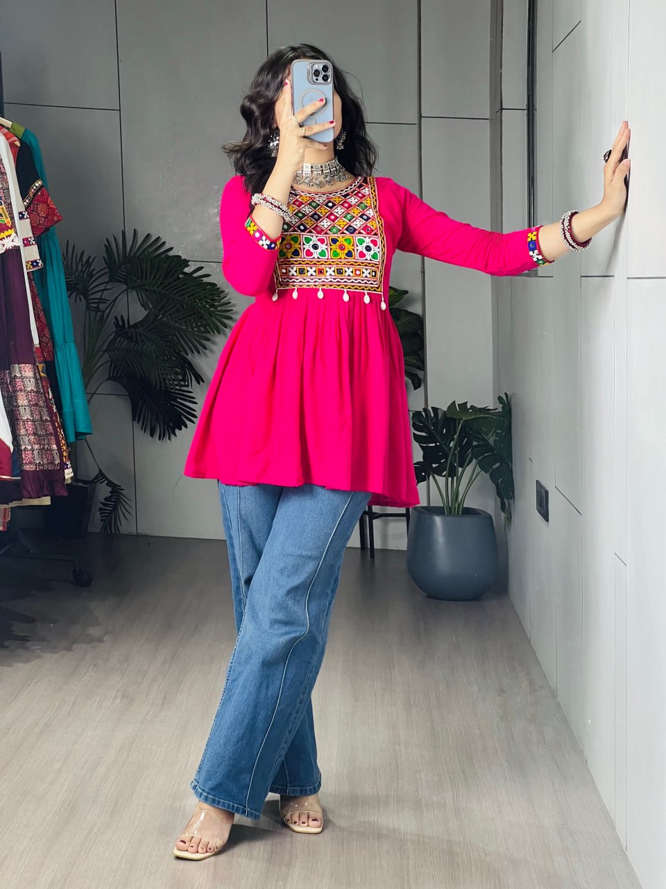 Rani Pure Rayon Cotton Gamthi Work &amp; Gota Pati Work Readymade Kurti With Top