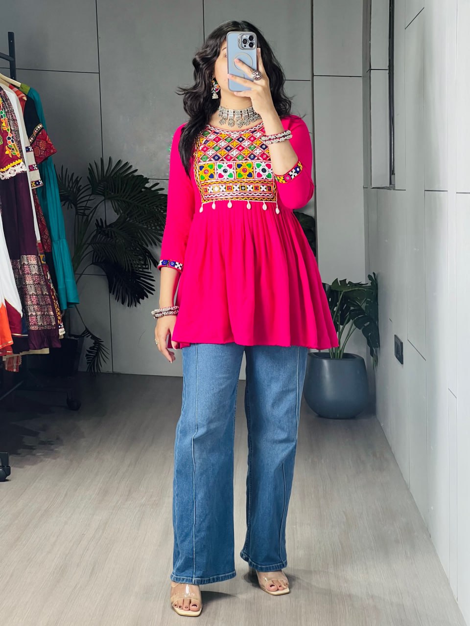 Rani Pure Rayon Cotton Gamthi Work &amp; Gota Pati Work Readymade Kurti With Top