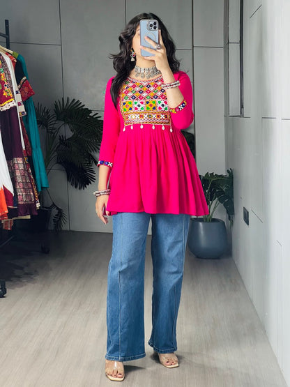 Rani Pure Rayon Cotton Gamthi Work &amp; Gota Pati Work Readymade Kurti With Top