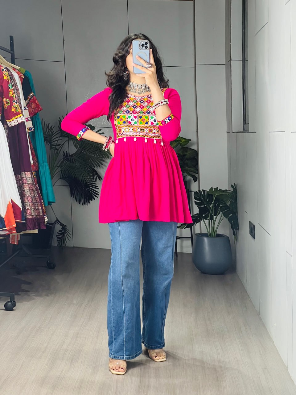 Rani Pure Rayon Cotton Gamthi Work &amp; Gota Pati Work Readymade Kurti With Top