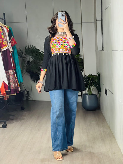 Black Pure Rayon Cotton Gamthi Work &amp; Gota Pati Work Readymade Kurti With Top