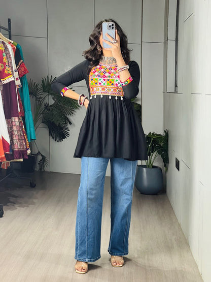 Black Pure Rayon Cotton Gamthi Work &amp; Gota Pati Work Readymade Kurti With Top
