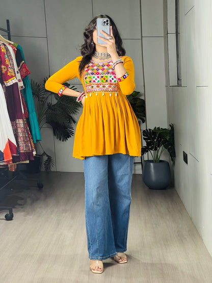 Mustard Pure Rayon Cotton Gamthi Work &amp; Gota Pati Work Readymade Kurti With Top