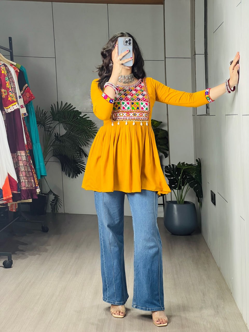Mustard Pure Rayon Cotton Gamthi Work &amp; Gota Pati Work Readymade Kurti With Top