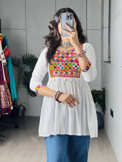 White Pure Rayon Cotton Gamthi Work &amp; Gota Pati Work Readymade Kurti With Top