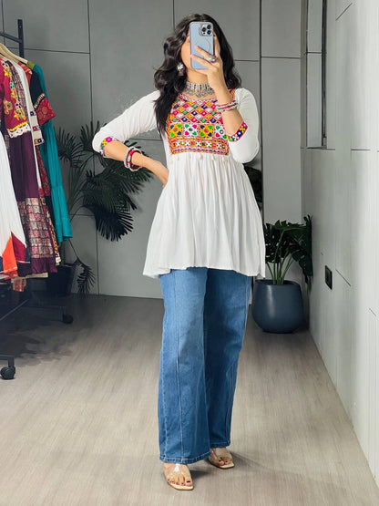 White Pure Rayon Cotton Gamthi Work &amp; Gota Pati Work Readymade Kurti With Top