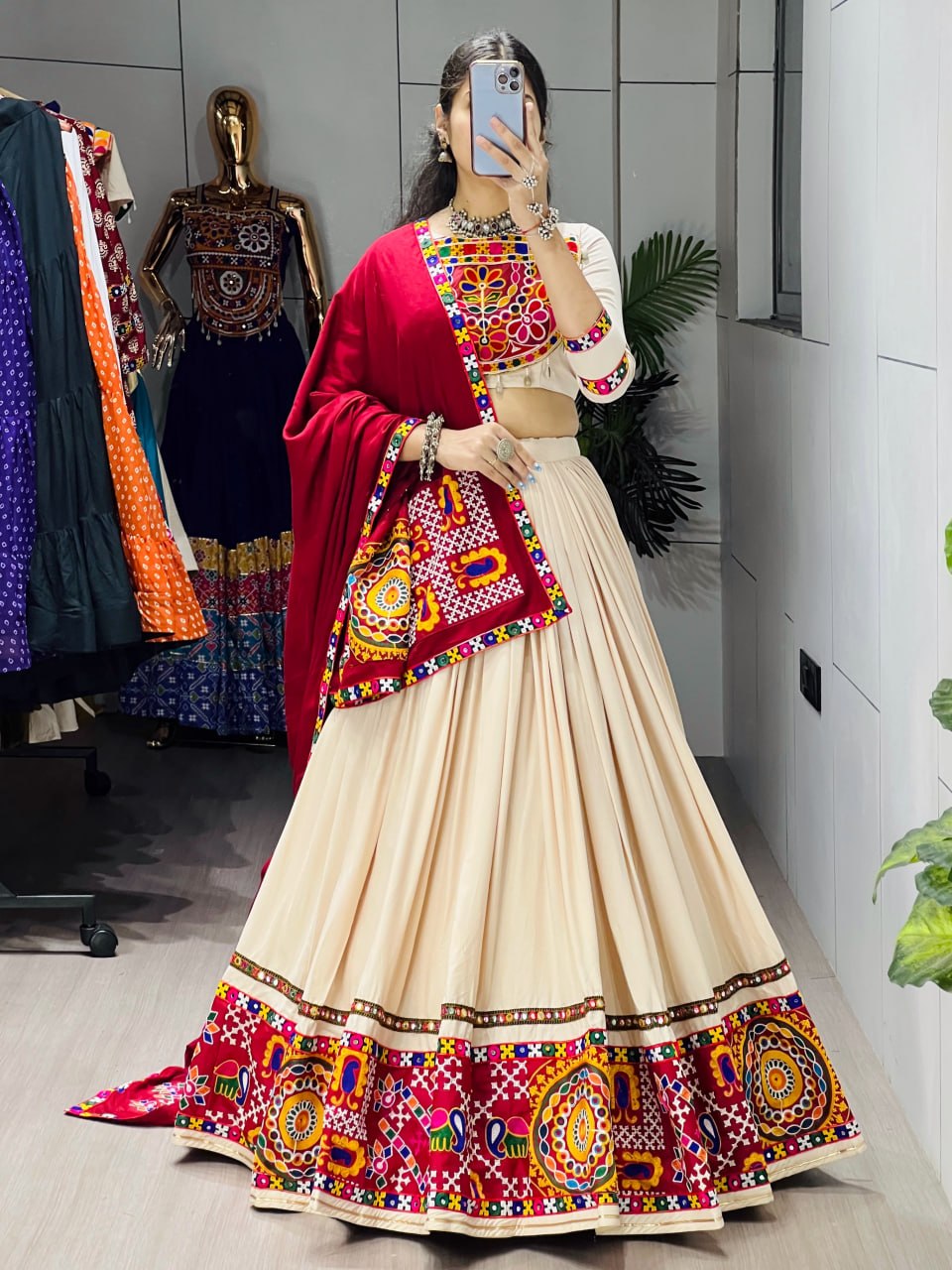 Cream Pure Rayon Cotton Plain With Frilled Navratri Lehenga Choli