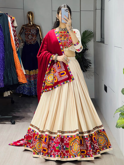 Cream Pure Rayon Cotton Plain With Frilled Navratri Lehenga Choli