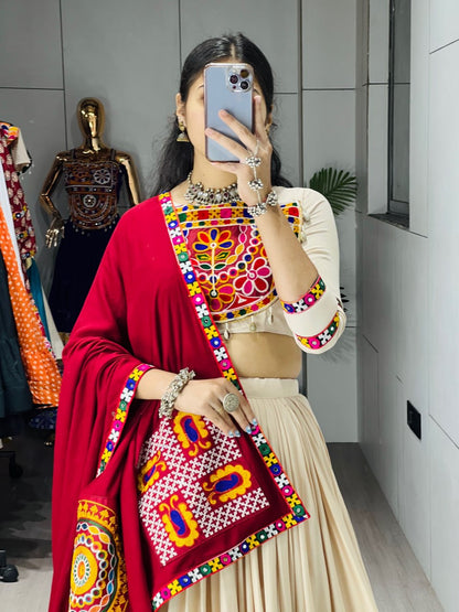 Cream Pure Rayon Cotton Plain With Frilled Navratri Lehenga Choli