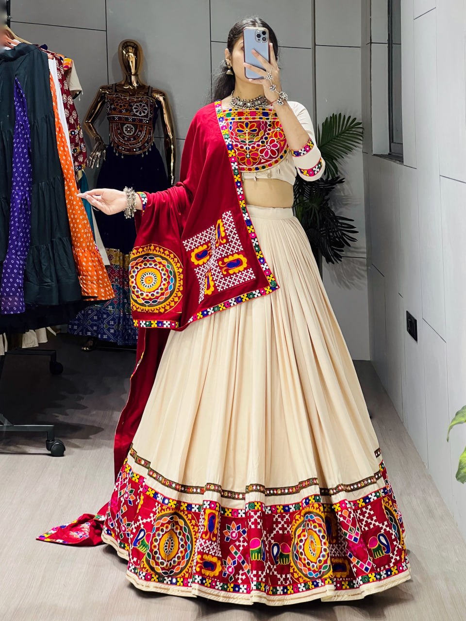 Cream Pure Rayon Cotton Plain With Frilled Navratri Lehenga Choli