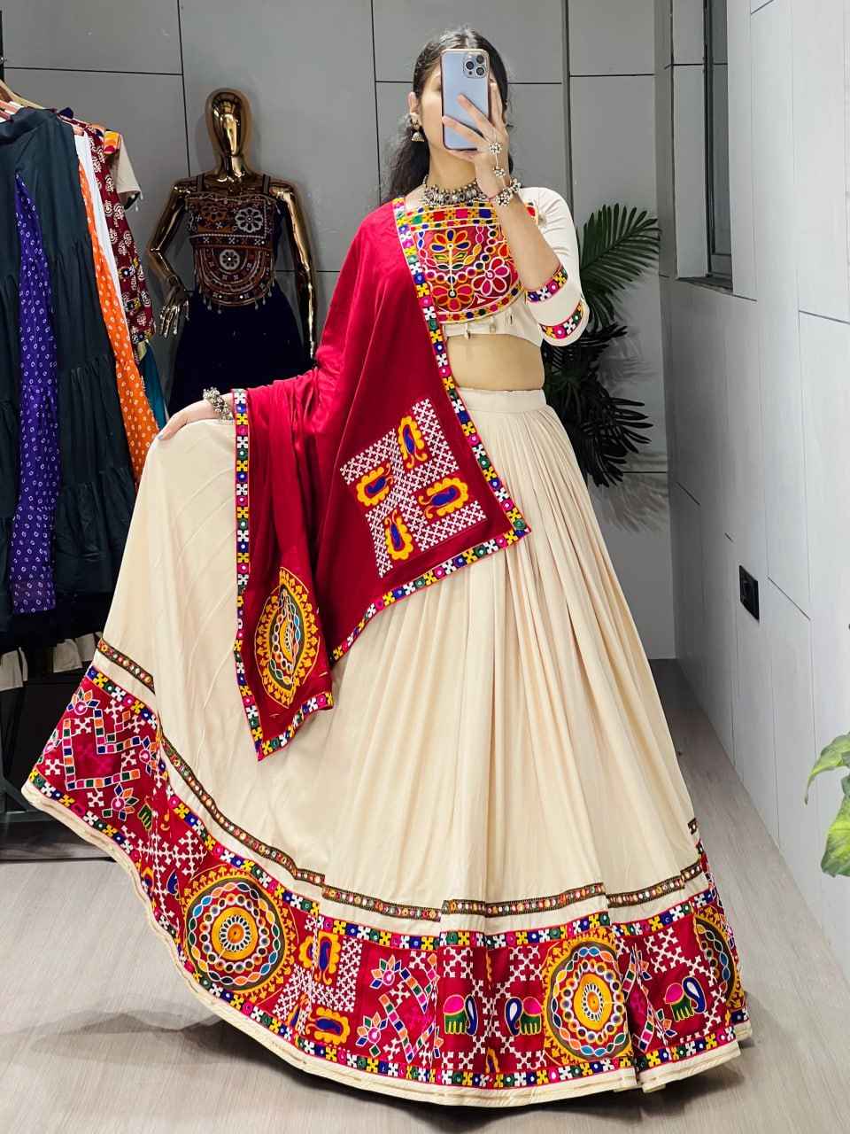 Cream Pure Rayon Cotton Plain With Frilled Navratri Lehenga Choli