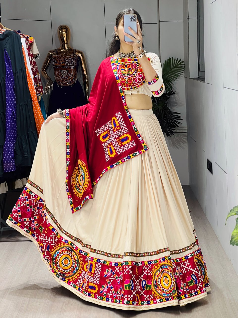 Cream Pure Rayon Cotton Plain With Frilled Navratri Lehenga Choli