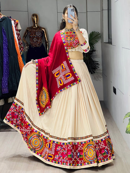 Cream Pure Rayon Cotton Plain With Frilled Navratri Lehenga Choli