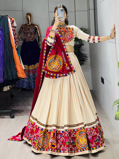 Cream Pure Rayon Cotton Plain With Frilled Navratri Lehenga Choli
