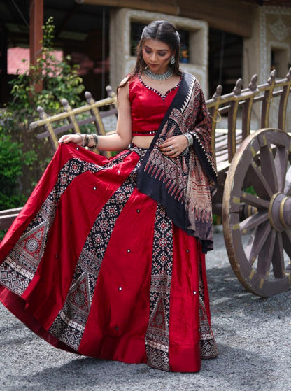 Maroon Pure Gaji Silk Real Mirror Work Ajrakh Block Prints Navratri Lehenga Choli
