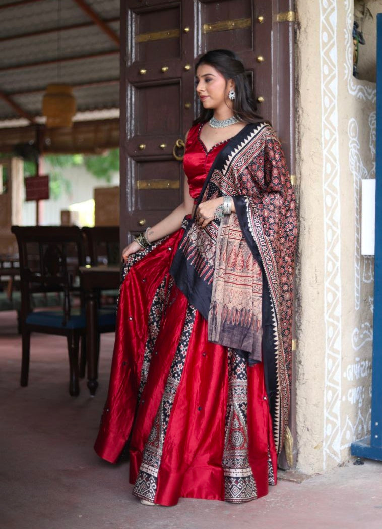 Maroon Pure Gaji Silk Real Mirror Work Ajrakh Block Prints Navratri Lehenga Choli