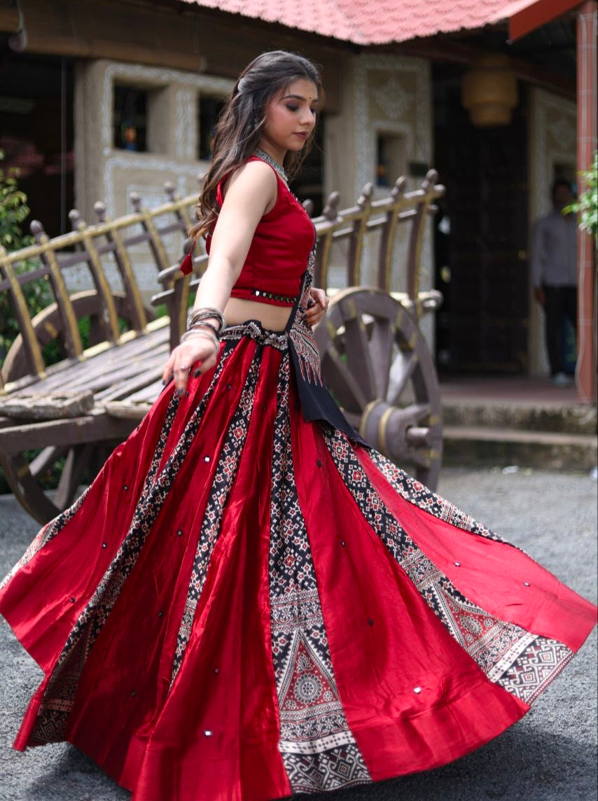 Maroon Pure Gaji Silk Real Mirror Work Ajrakh Block Prints Navratri Lehenga Choli