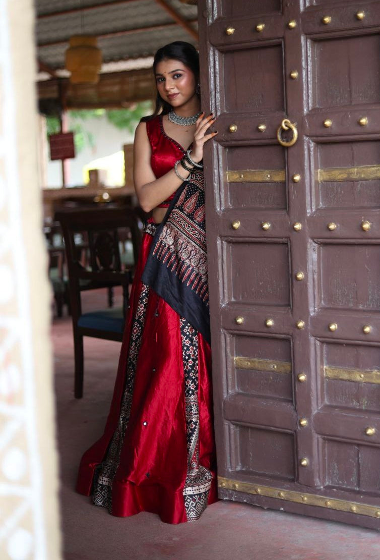 Maroon Pure Gaji Silk Real Mirror Work Ajrakh Block Prints Navratri Lehenga Choli