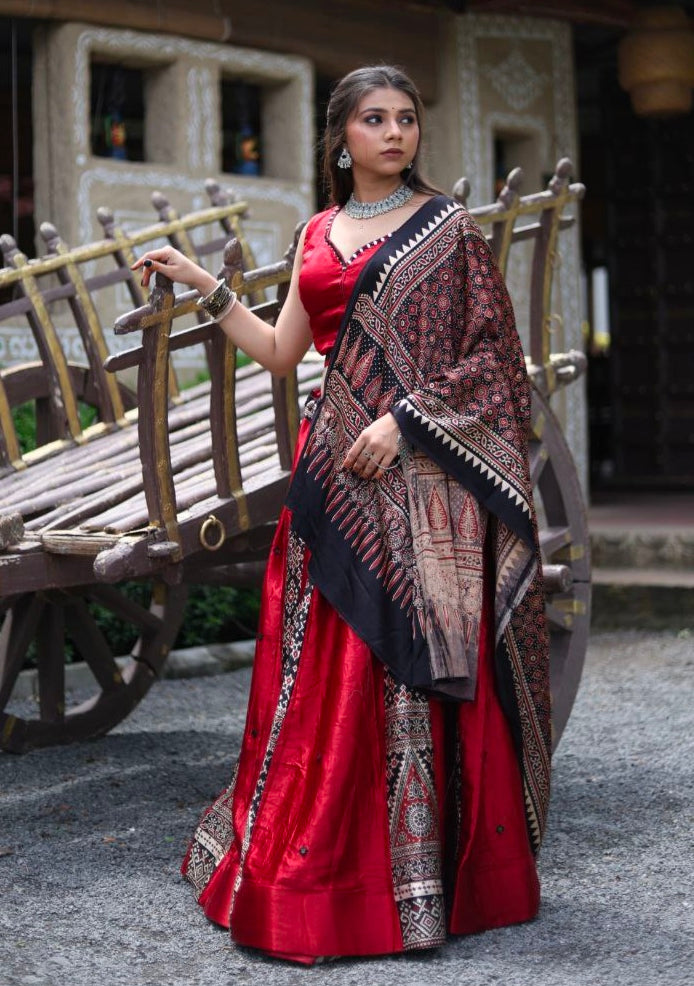 Maroon Pure Gaji Silk Real Mirror Work Ajrakh Block Prints Navratri Lehenga Choli