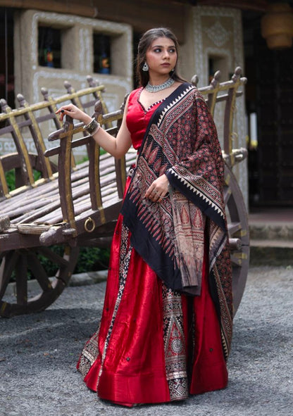Maroon Pure Gaji Silk Real Mirror Work Ajrakh Block Prints Navratri Lehenga Choli