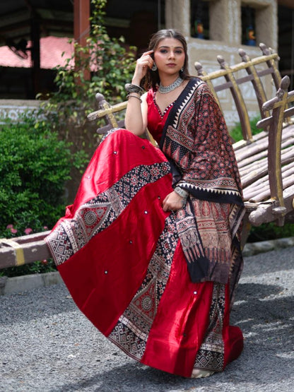 Maroon Pure Gaji Silk Real Mirror Work Ajrakh Block Prints Navratri Lehenga Choli