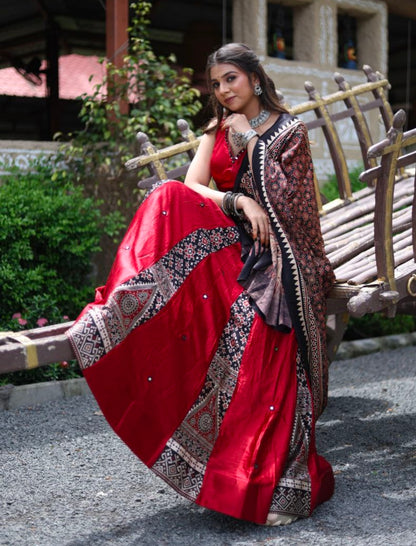 Maroon Pure Gaji Silk Real Mirror Work Ajrakh Block Prints Navratri Lehenga Choli