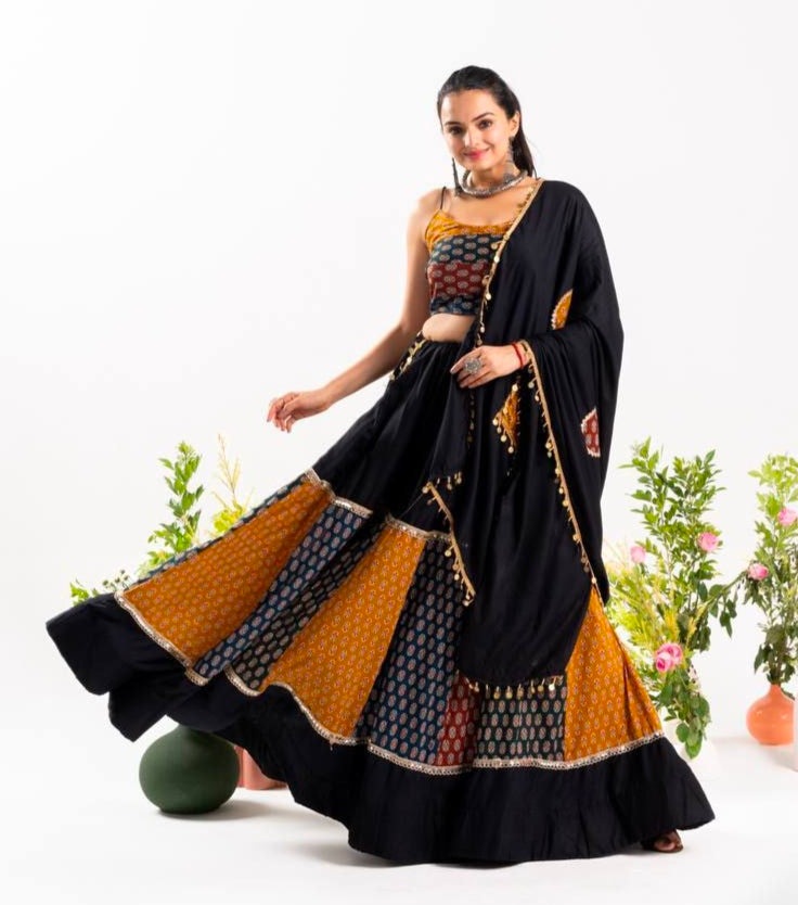 Black Pure Ajrakh Cotton Printed With Real Mirror Work Navratri Lehenga Choli