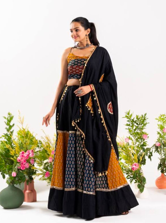 Black Pure Ajrakh Cotton Printed With Real Mirror Work Navratri Lehenga Choli