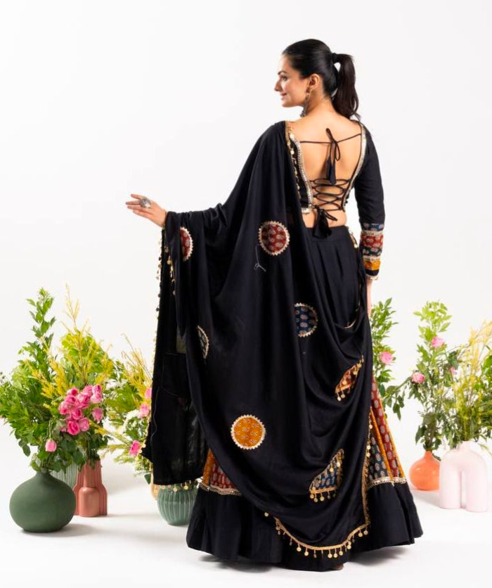 Black Pure Ajrakh Cotton Printed With Real Mirror Work Navratri Lehenga Choli
