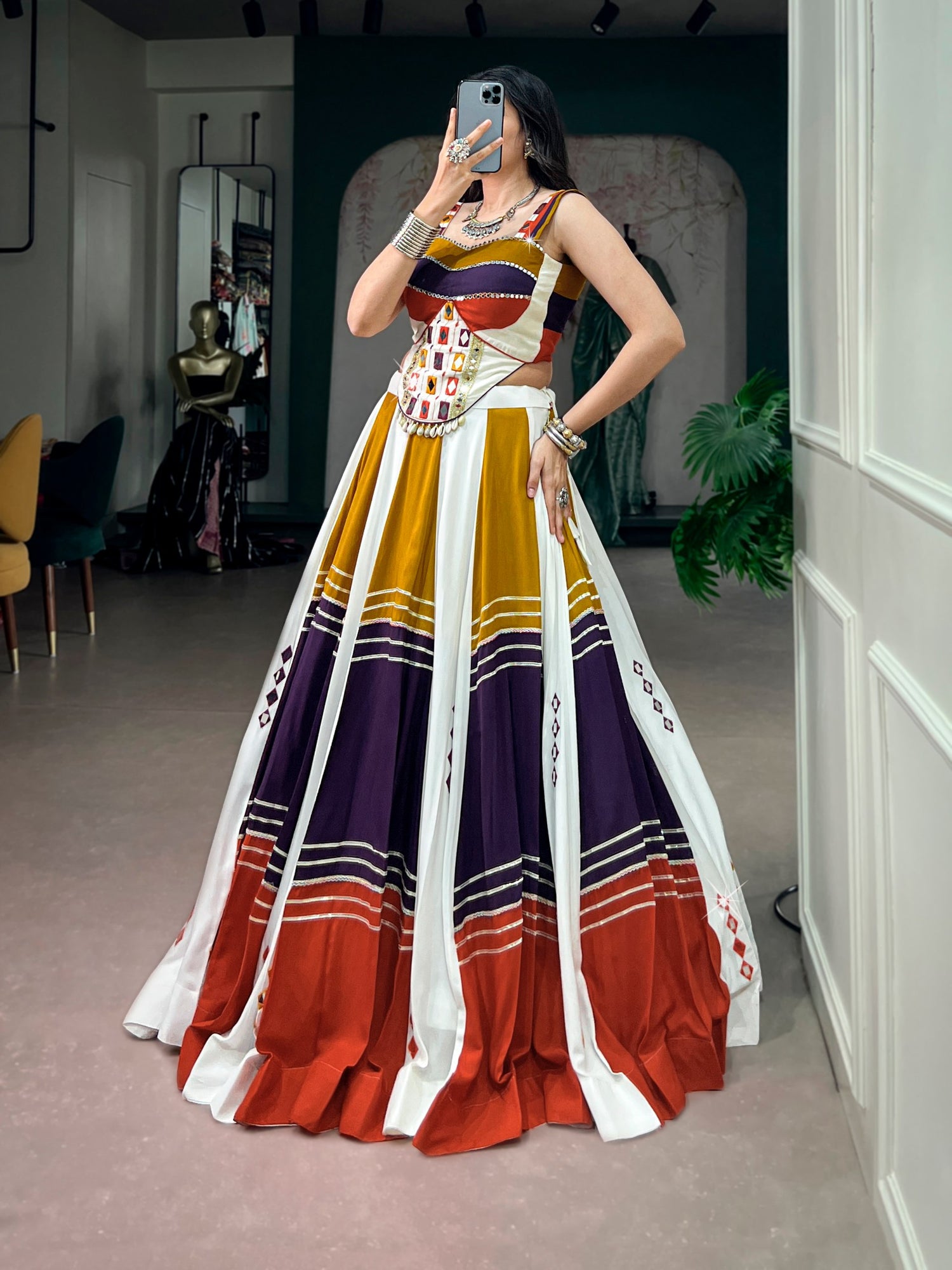Multi Pure Cotton Plain With Gamthi Work Navratri Lehenga Choli