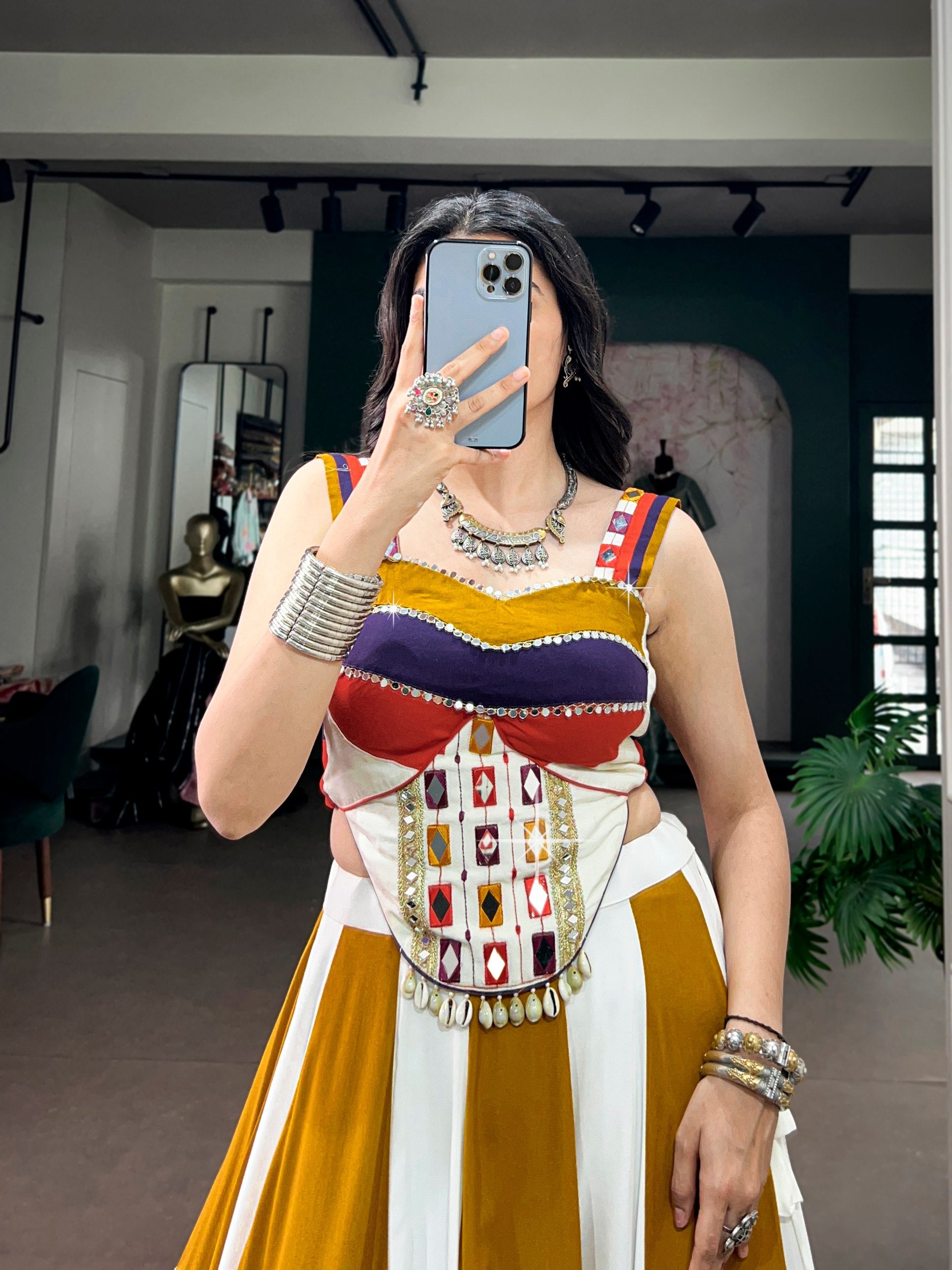 Multi Pure Cotton Plain With Gamthi Work Navratri Lehenga Choli