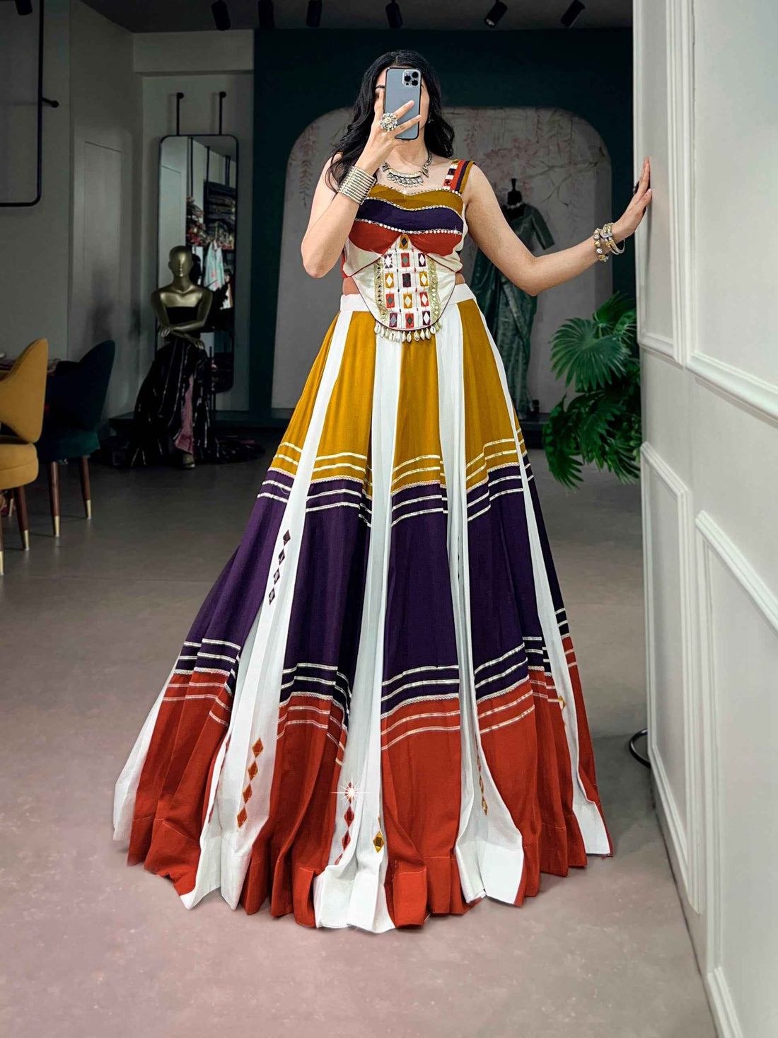 Multi Pure Cotton Plain With Gamthi Work Navratri Lehenga Choli