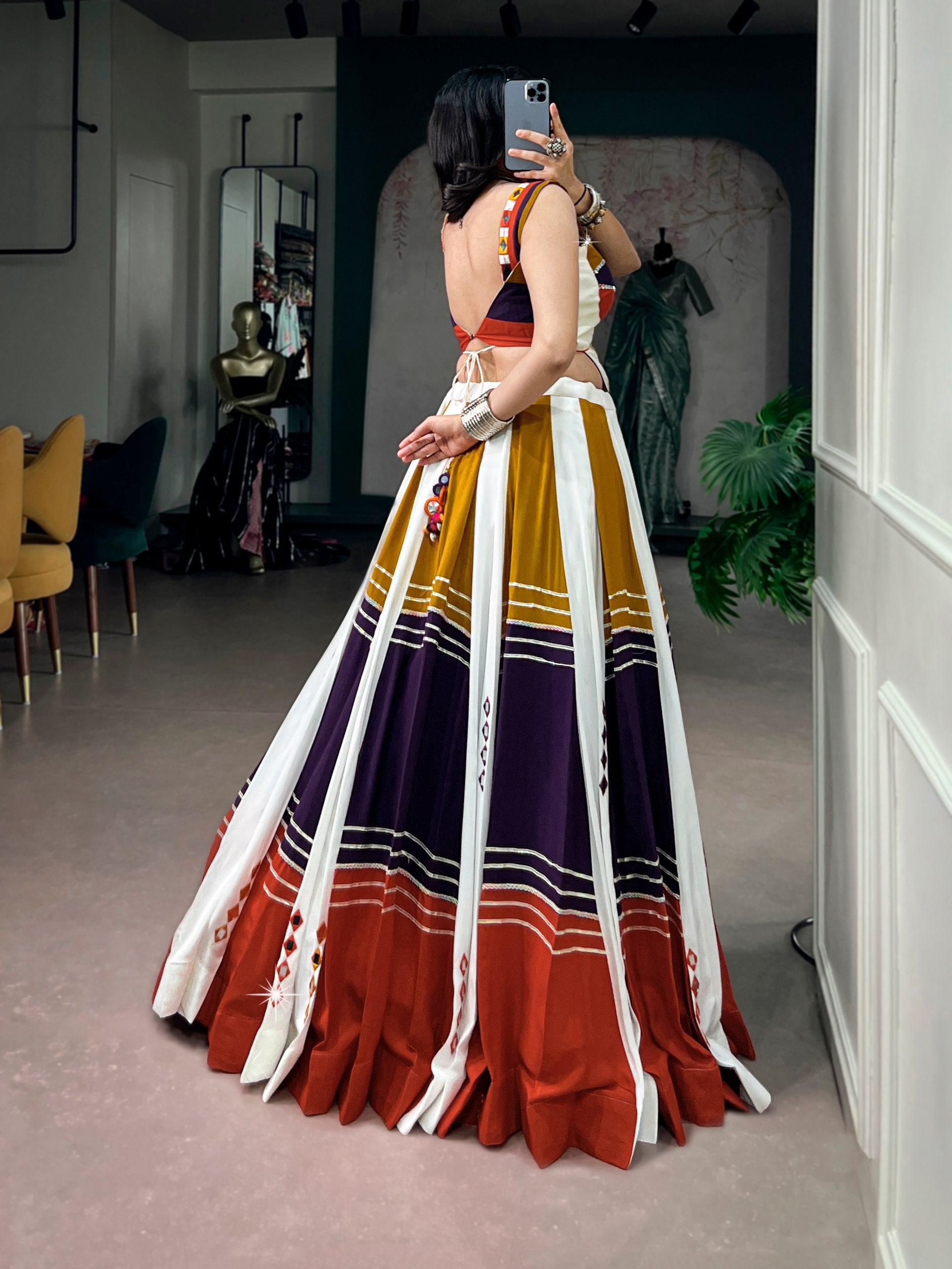 Multi Pure Cotton Plain With Gamthi Work Navratri Lehenga Choli