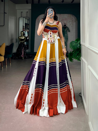 Multi Pure Cotton Plain With Gamthi Work Navratri Lehenga Choli