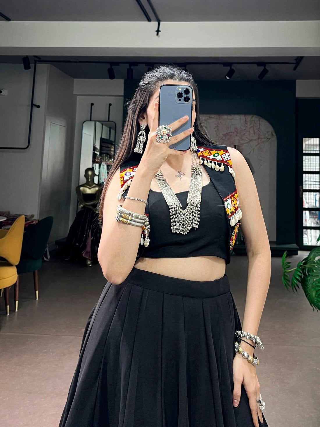 Black Pure Cotton Plain With Gamthi Work Navratri Lehenga Choli