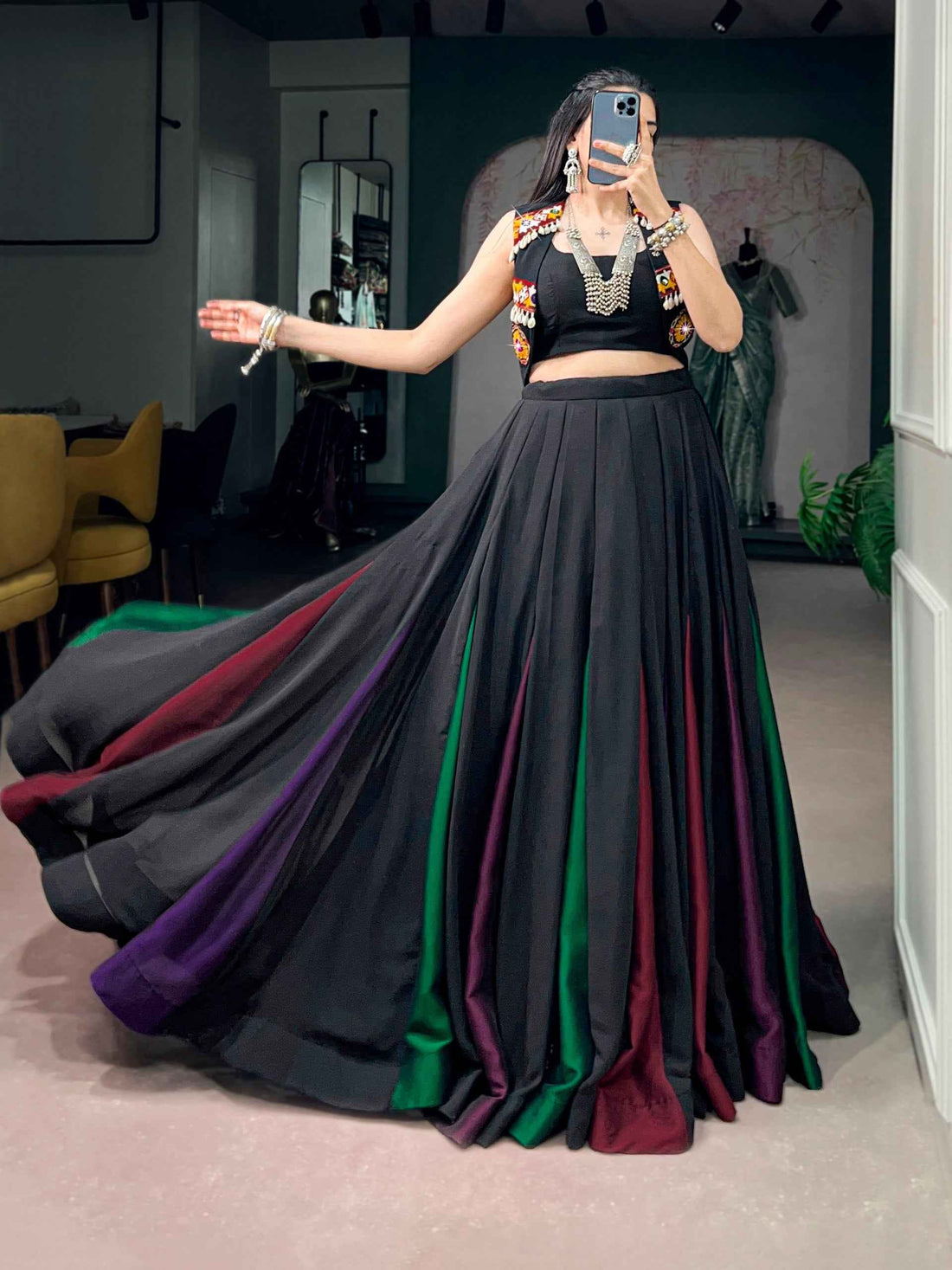 Black Pure Cotton Plain With Gamthi Work Navratri Lehenga Choli
