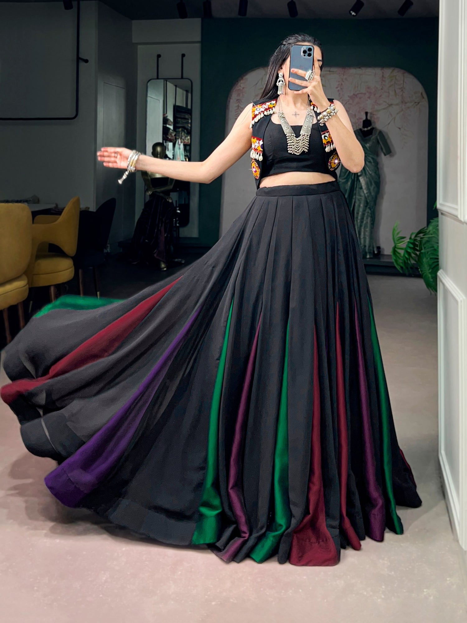 Black Pure Cotton Plain With Gamthi Work Navratri Lehenga Choli