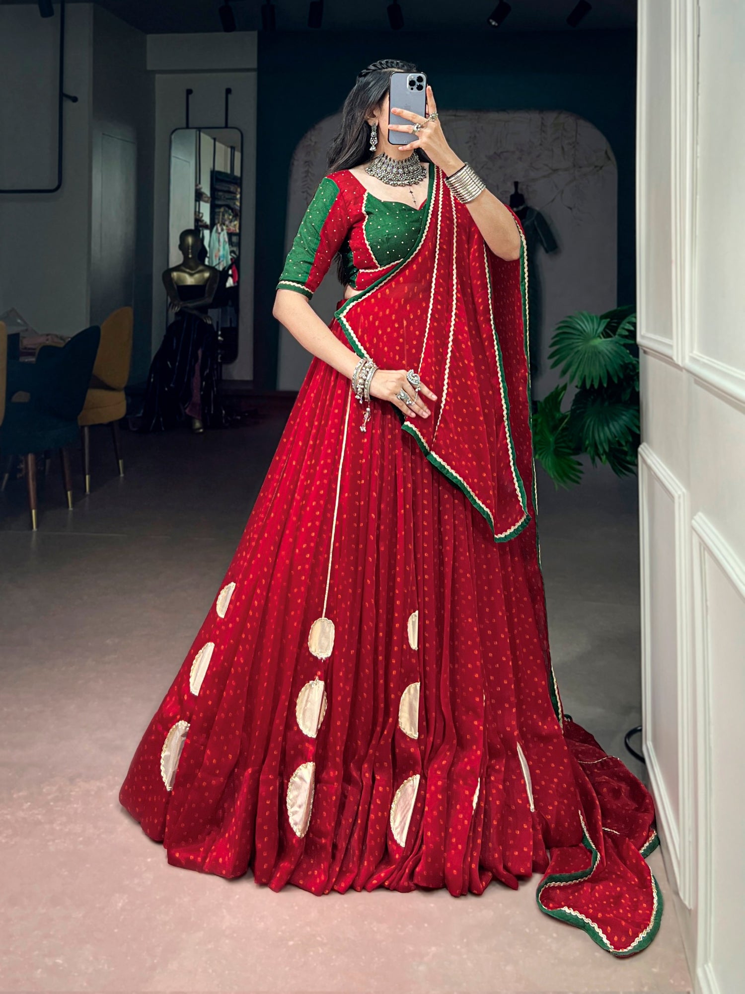 Red Pure Bandhej Print on Satin Chiffon Gamthi Work Navratri Lehenga Choli