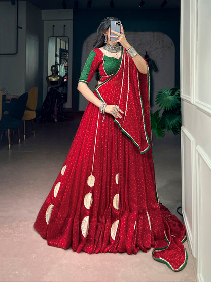 Red Pure Bandhej Print on Satin Chiffon Gamthi Work Navratri Lehenga Choli