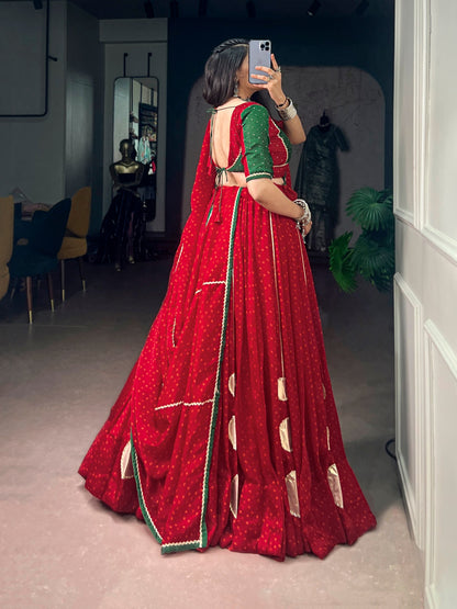 Red Pure Bandhej Print on Satin Chiffon Gamthi Work Navratri Lehenga Choli