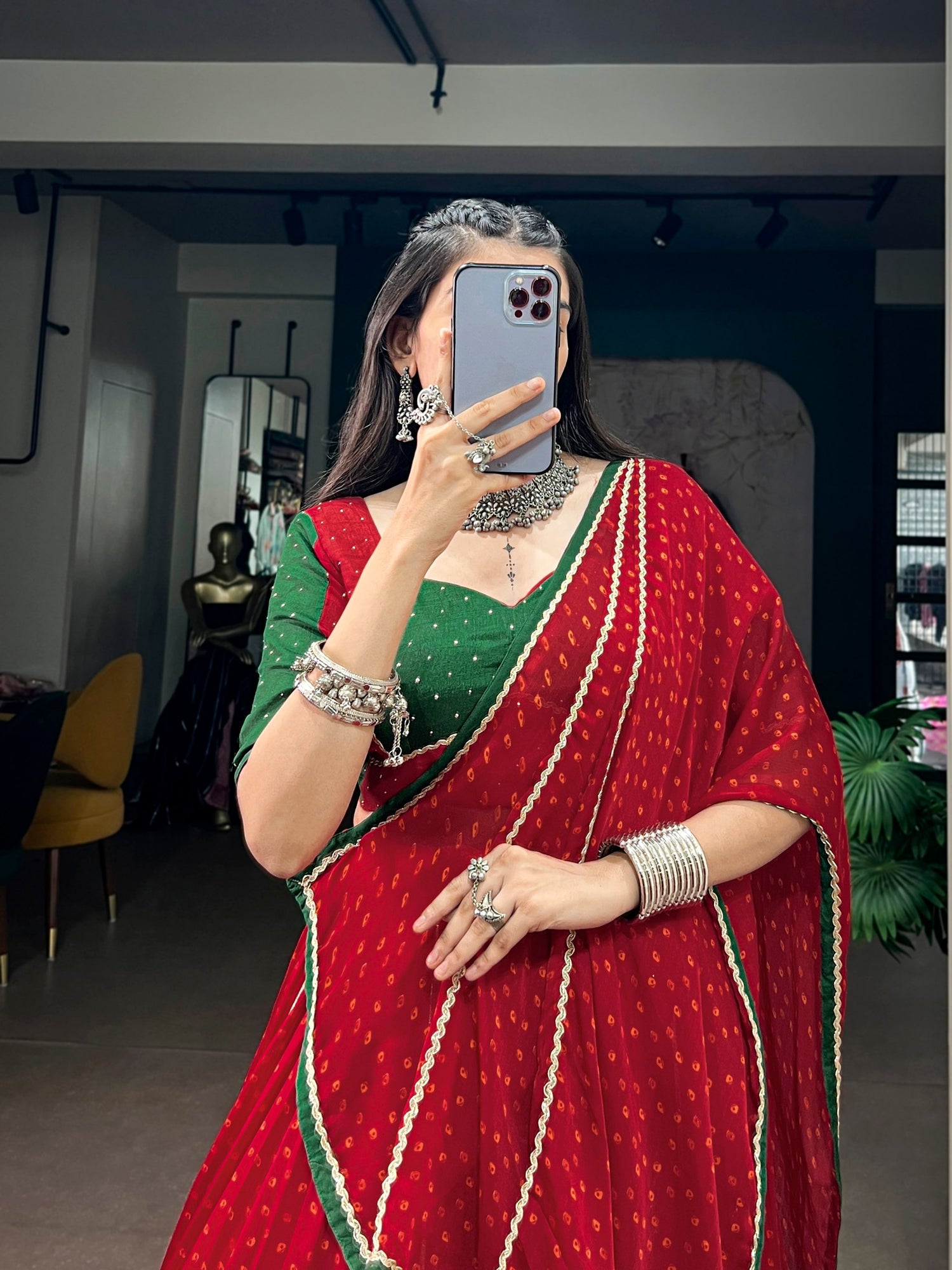 Red Pure Bandhej Print on Satin Chiffon Gamthi Work Navratri Lehenga Choli