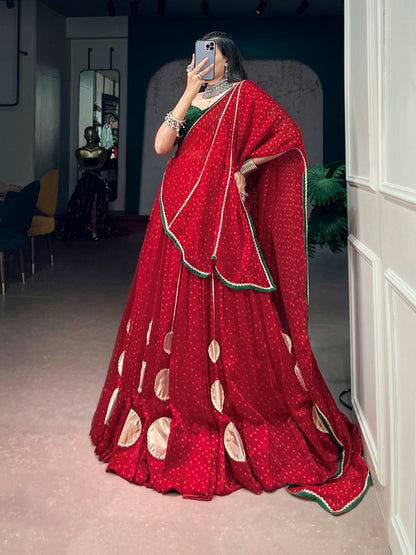 Red Pure Bandhej Print on Satin Chiffon Gamthi Work Navratri Lehenga Choli
