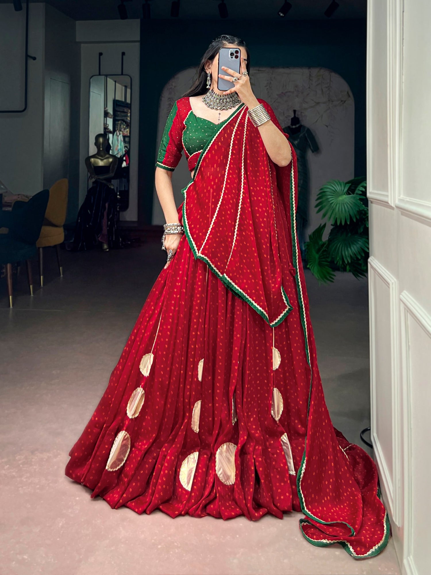 Red Pure Bandhej Print on Satin Chiffon Gamthi Work Navratri Lehenga Choli